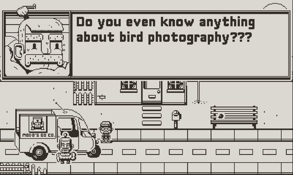A screenshot from Casual Birder, where a character driving a truck asks, Do you even know anything about birdwatching??