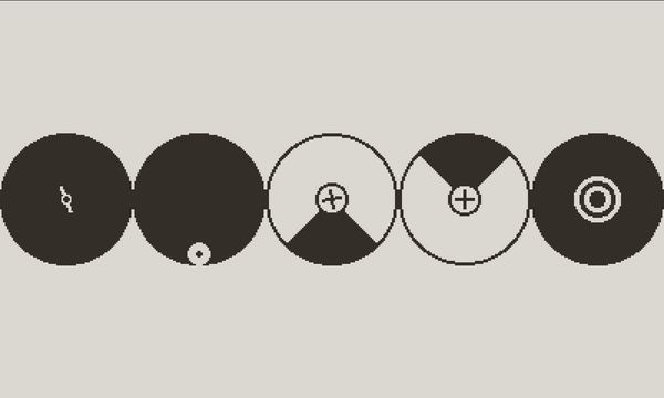 An Omaze level with five circles, featuring one autorotating circle, and two obstacles that move when you move.