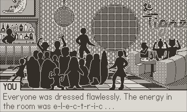 A dream sequence from the game shows a crowded club with a dialogue box reading, YOU Everyone was dressed flawlessly. The energy in the room was electric…