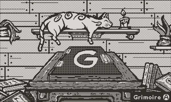 A 1-bit happy cat rests on a shelf by a candle, on a wooden wall above a spell grimoire in Spellcorked