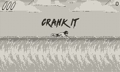 Screenshot from the beginning of Whitewater Wipeout showing a surfer lying down on a surfboard, with the text "Crank It!"