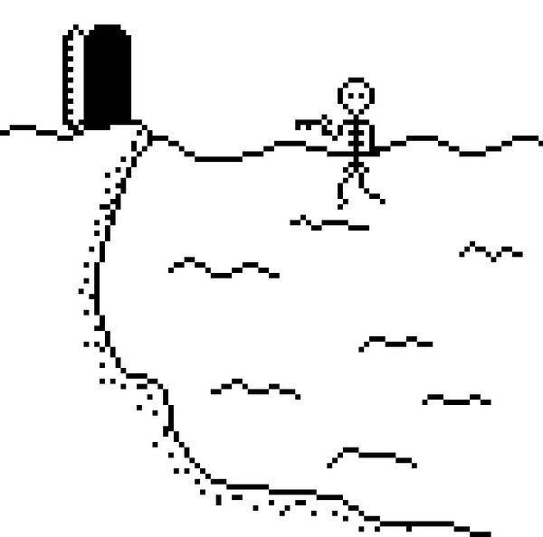 A simple 1-bit line art style drawing of a skeleton in a lake, holding a key