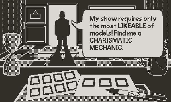 A silhouetted client of the temp agency you work for in Recommendation Dog!! is requesting a likeable, charismatic mechanic.