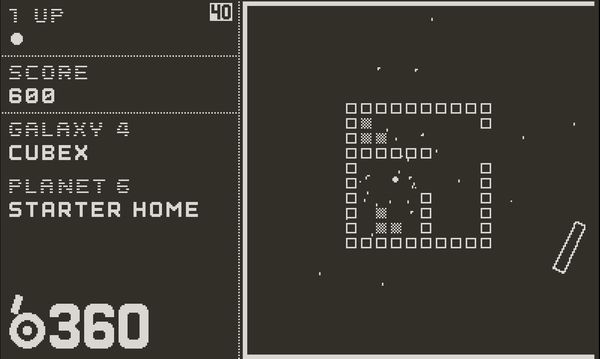 Planet 6, Galaxy 4 of b360, featuring a square box of unbreakable bricks with one very small opening, and other bricks inside of it. The ball is inside the square.