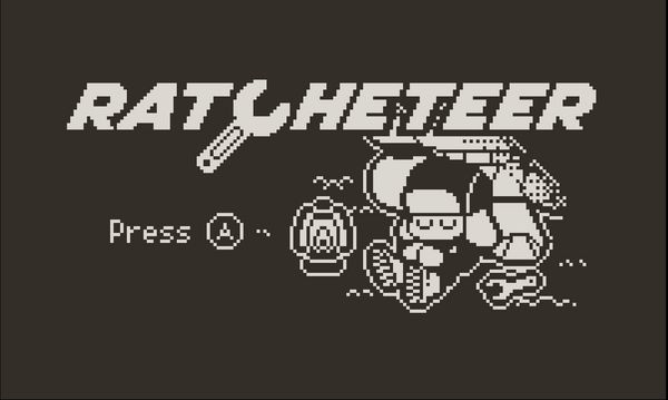 The title image for Ratcheteer, showing the game logo and mechanic character illustration designed by Charlie Davis. The mechanic is sleeiping sitting upright, next to their lantern and wrench. Text below the Ratcheterr logo reads "Press A"