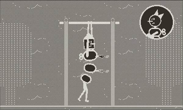Crankin the robot hangs from a pull-up bar but is hit by some birds. An inset of his robot girlfriend shows she's not impressed.