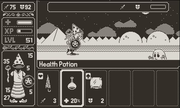 A character wearing a wizard hat and carrying a sceptor and old tire races across a nighttime landscape, with a potion selected in their inventory, in Inventory Hero.