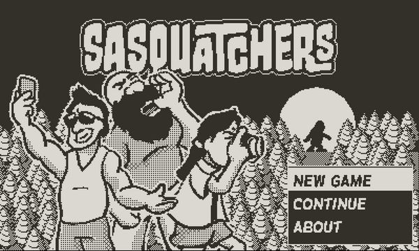 The Sasquatchers launch screen, showing the logo, three key team members, and continue game, new game, and about options