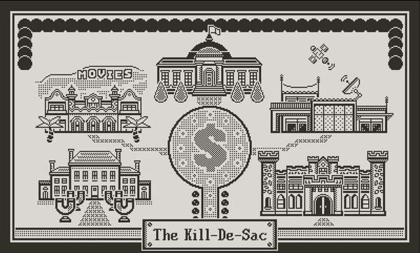 The map of the "Kill-de-Sac" showing five heist locations in Reel Steal.