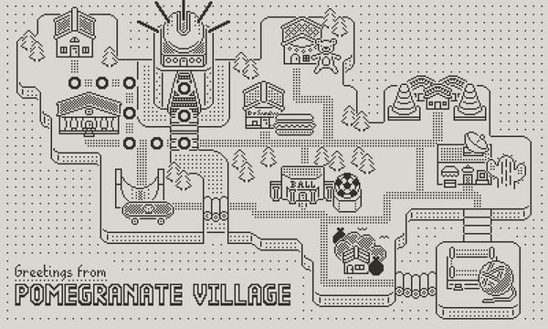 The map view of Pomegranate Village, with postcard-inspired text reading, "Greetings from Pomegranate Village"