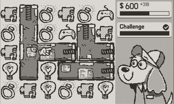 A screenshot of the main gameplay in Pick Pack Pup, showing most of the board filled by packages ready to ship, some loose items, and the scoreboard and Pup on the right.