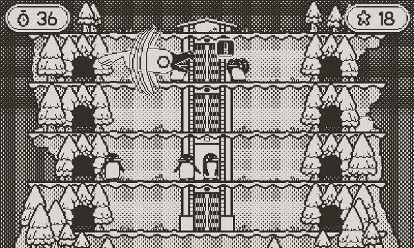 Penguins wait on for elevators on different levels of a snowy mountainside. One penguin is impatient and also distressed by an oncoming seagull eagle, an oversized bird who wants to eat them!
