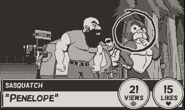 The first-person photo mode,showing two team members and a Sasquatch named Penelope in view