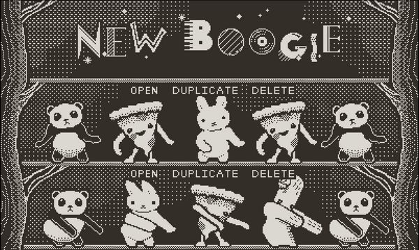 The title screen for Boogie Loops lets you create a new song from scratch or open or duplicate an existing song