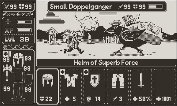 A character carrrying a broom and old wooden shield faces a magpie boss and carrying a sceptor and old tire races across a nighttime landscape, with a helm of supurb force and selected in their inventory, in Inventory Hero.