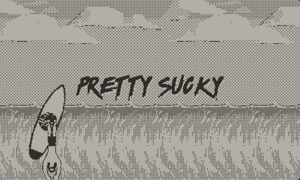Screenshot from Whitewater Wipeout showing a game over screen featuring a surfer falling off their board, and the message "Pretty Sucky"