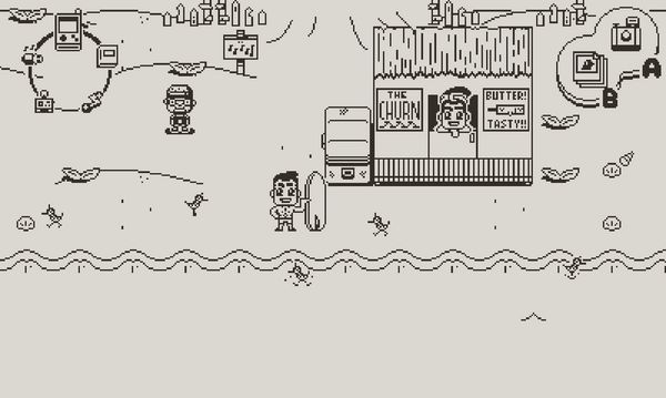 Screenshot of Casual Birder showing the main character at the beach, by the butter stand.