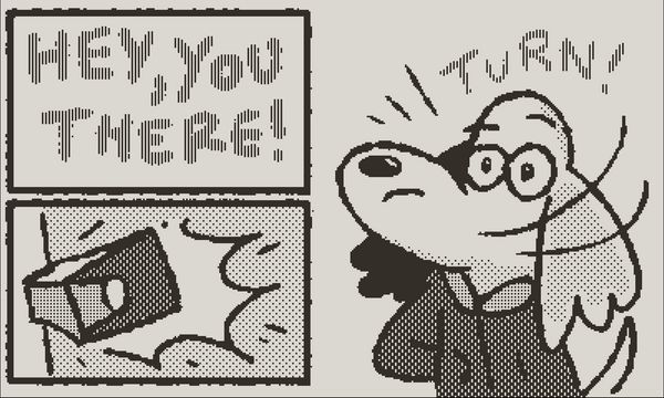 A screenshot from Pick Pack Pup showing the Pup responding to a speaker calling "Hey you there!" via three comic panels
