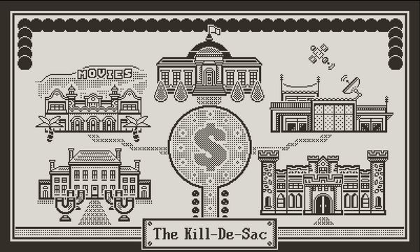 The map of the "Kill-de-Sac" showing five heist locations in Reel Steal.