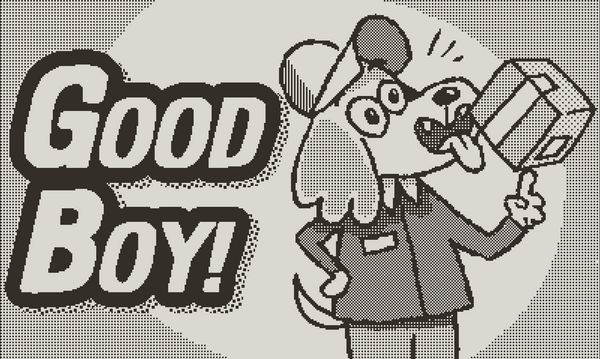 A screenshot from Pick Pack Pup, showing the "Good Boy!" success image featuring the smiling Pup twirling a package on one finger after completion of a mini game.