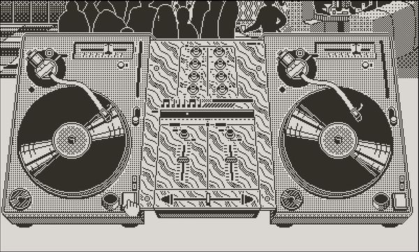 A DJ's shiny turntables and mixing board; a hint of a crowded club can be seen just above their top edges.