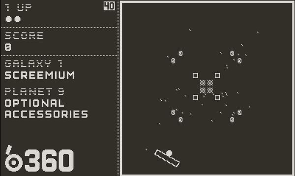 Planet 9, Galaxy 1 of b360, titled Optional Accessorie. The ball is on the paddle, and there are a variety of blocks arranged in a vaguely x-shape.