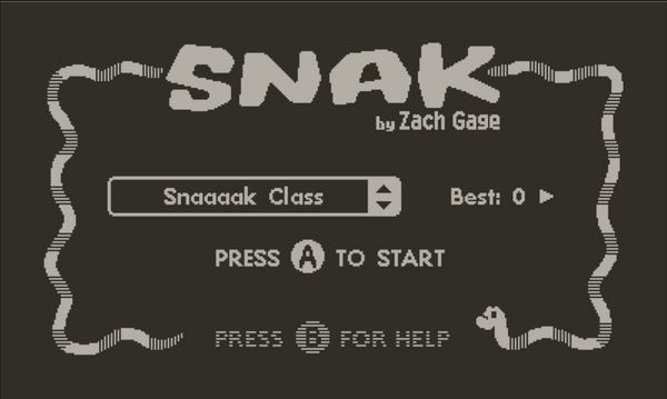 The speed mode selector showing "snak" with four "a"s selected. The Snak logo is at the top, and a happy-looking snake frames the screen.