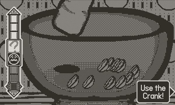 A close up view of some beans in a mortar with UI controls and an on-screen hint to use the crank, in Spellcorked