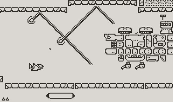 A small ship with only one bullet faces off against an enormous battleship firing multiple weapons.