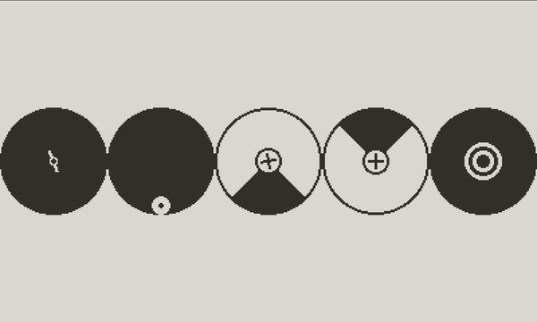 An Omaze level with five circles, featuring one autorotating circle, and two obstacles that move when you move.
