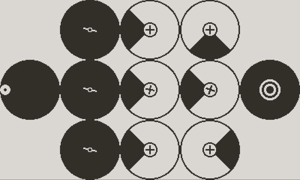 An Omaze level with eleven circles, featuring three autorotating circles, and six obstacles that move when you move.